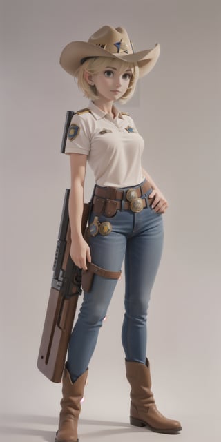 1girl, solo, breasts, short hair, blue eyes, blonde hair, belt, pants, hand on hip, gun, ((light brown polo shirt)) rolled sleeves, denim, jeans, holster, cowboy hat, ((sherrif badge)), ((county sheriff uniform)), (((hand straight, shooting position))), side profile, eyes facing away, simple white background,  boots, full body shoot,  low angle, ((whole body)),  ((panoramic shoot)), 
