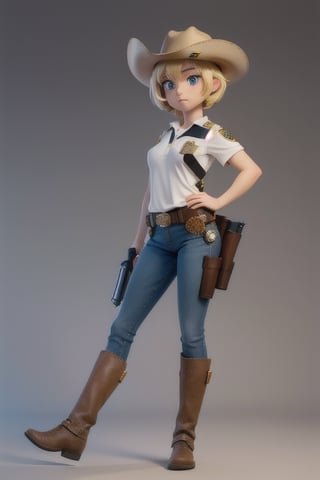 1girl, solo, breasts, short hair, blue eyes, blonde hair, belt, pants, hand on hip, gun, ((light brown polo shirt)) rolled sleeves, denim, jeans, holster, cowboy hat, ((sherrif badge)), ((county sheriff uniform)), (((hand straight, shooting position))), side profile, eyes facing away, simple white background,  boots, full body shoot,  low angle, ((whole body)),  ((panoramic shoot)), chibi
