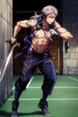 Anime, great detail, beautiful boy, detailed eyes, detailed face, (full body portrait), fire emblem style 1boy, purple eyes, long hair. white hair, no shirt, showing abs, fit body, medieval pants, training with sword, medieval aged, training room,itadori yuji,chrom