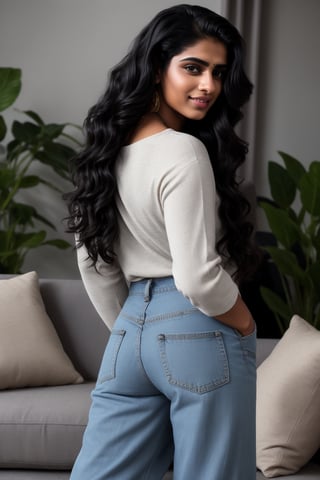 A stunning Indian beauty, a 22-year-old Instagram model, stands confidently with her long, luscious black hair cascading down her back. Her vibrant locks pop against the warm, inviting setting of her cozy home sofa. She wears stylish clothes that accentuate her attractive features as she effortlessly sways to the music, exuding youthful energy and charm.