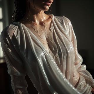 A close-up shot of wet clothes clinging to a body, droplets of water glistening under soft, diffused lighting. The composition highlights the texture and transparency of the fabric, revealing subtle contours of the underlying form. The setting is an intimate, dimly lit room, emphasizing the sensuality and vulnerability of the wet attire.