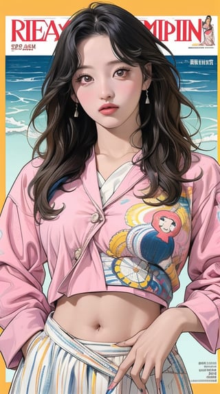 a girl in Traditional Outfit, In the style of Realistic drawing, Curled lines, Low Detail, sea side background, colourful ,  cowboy shot, , hip up body, magazine cover,momo twice,painting,Momo