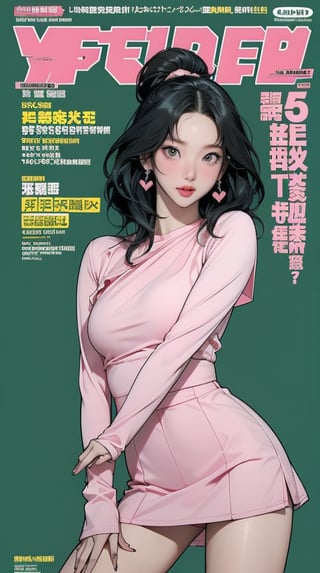 (1girl, thigh up body, looking at viewer, blush,) styled clothes, outline, earings, different hairstyle, magazine cover, green background, ultra detailed, best quality, sharp focus, momo twice,