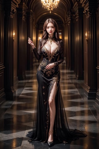 (Masterpiece, High Quality: 1.5), (8K, HDR), Masterpiece, Best Quality, 1girl, Single, Full body, Wearing gorgeous dress, Using magic with hands,Deep cleavage, Hourglass figure, Beautiful witch, Black background indoor ruins temple, 25 years old,