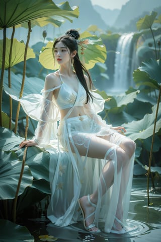 (RAW, Masterpiece, Best Quality, Photorealistic, HD, 8K), 1girl, 16 years old, black hair, long hair, hair blowing in the wind, traditional Chinese hairstyle, chair, Jin Yong martial arts, solo, hair accessories, pink lips. Long eyelashes, correct human body structure, standard female figure, thin, fairy temperament, (light blue thin and transparent clothes:1.2), bellyband, naked lower body, perfect of pussy, loose hair, very bright big eyes, fine hair, large pores , small breasts, navel, ponytail, arms, outdoors, Chinese sword, water, bun, holding weapon, uncensored, single bun, arms extended, realistic, waterfall, girl swinging sword, martial arts moves, sword fighting moves, jumping , lunge, stand independently, movements clearly visible. The sword is long and delicate, with a mountain background and a waterfall background. Large wide angle lens, movie lens, real photo, Chinese landscape painting scenery, blurred background. Full body photos, chinkstyle, ink painting,jianxian,(light blue ru skirt:1.2),xuer extravagant gown,Koi,xuer martial arts,xuer Lotus leaf, 