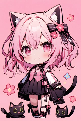 (score_9,score_8_up,score_7_up), 
1 girl, solo, looking at viewer, smile, Chibi characters,
pink long hair, pink eyes,cat ears,cat tail,

color background,cute,(whole body),flowers,wing,light,