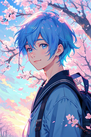 1boy, solo, looking at viewer, smile, short hair, bangs, pink hair, hair between eyes, open mouth, blue eyes, blue hair, male focus, two-tone hair, pink eyes, heterochromia, portrait, split-color hair, whole body, silver earring, wear school uniform, cherry blossoms, school, sunset, lens flare, Front-facing, Add falling cherry blossoms below on the bottom of the photo.