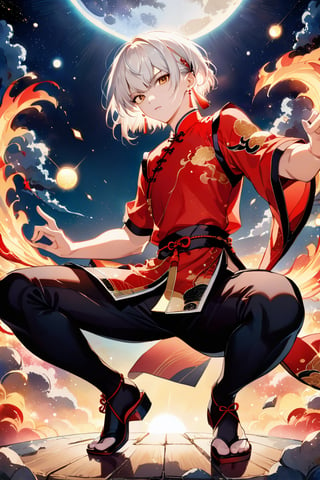 Looking at the viewer,
Japanese comics, light color, masterpiece, boutique, aesthetic, tarot cards,
(1boy, solo, white hair, short hair, bangs, white shot hair, red chinese earring, dark cheongsam, ) , 
(model picture), ((full body)), Chinese martial arts master, fighting stance, 
 perfect hands, night, moon, starry sky,
 Milky Way starry sky watercolor background \(center\), very detailed,
lens flare, glitter, glint, light particles,
