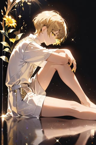 bottom up shot/angle, 
1boy, solo,right side, holding a yellow flower, sitting, from the side, looking at viewer,
 short hair, bangs, sad, 
, wear white cool clothes, (model picture), (full body), perfect hands, perfect legs,
flowers in back, black background, 
profile, lens flare, glass art, glitter,  glint,  light particles,