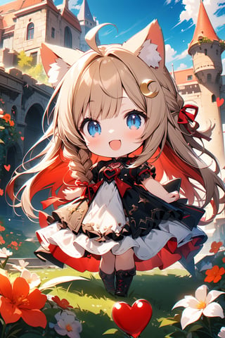 Masterpiece, beautiful details, perfect focus, uniform 8K wallpaper, high resolution, exquisite texture in every detail, heart (symbol), deformation, chibi, emo, Blue eyes, light brown hair, red inner hair, long hair, smile, happy, open mouth, single braid, straight bangs, ahoge, crescent hairpin, big red ribbon, fluffy cat ears, eyebrows, hairpin, dress, standing, clavicle, flowers, short sleeves, :d, outdoors, ruffles, sky, day, calf, clouds, flowers in hair, white dress, red ribbon, blue sky, short calf sleeves, one side top, ruffled dress, building ,castle