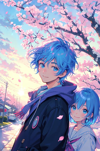1boy, solo, looking at viewer, smile, short hair, bangs, pink hair, hair between eyes, open mouth, blue eyes, blue hair, male focus, two-tone hair, pink eyes, heterochromia, portrait, split-color hair, whole body, silver earring, wear school uniform, cherry blossoms, school, sunset, lens flare, Front-facing, Add falling cherry blossoms below on the bottom of the photo.