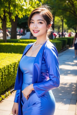 1girl, beautiful young woman, blonde, smiling, (in beautiful Myanmar national dress in blue color), sunny day, public park garden, realistic, ,myanmar_dress,  earrings,  necklace, 
