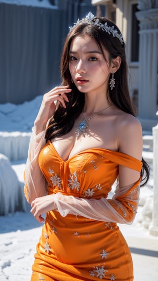 a beautiful ice goddess, good face, happy face, very long hair, realistic eyes, small breasts, ice magician, ice elemental, intricate design and details, chilling mist, cold, blizzard storm, conjuring ice spell, casting ice spell, detailed dress, (orange dress:1.5), realistic ice effect, ((ice:1.5)), snow particles, dark fantasy art style, ruined city, dramatic lighting, cinematic,