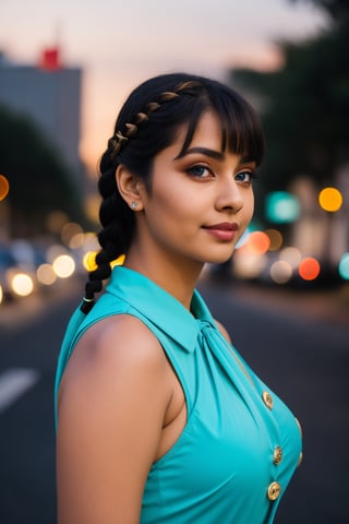 masterpiece, best quality, cute, kawaii, Long hair, wavy hair, Indian  hair, blue  eyes, swept bangs, , large open  breasts, button gap, braid, transparent   top, hairpin, necktie, depth of field, street, bokeh, night, portrait, Indian Women,curvy body 