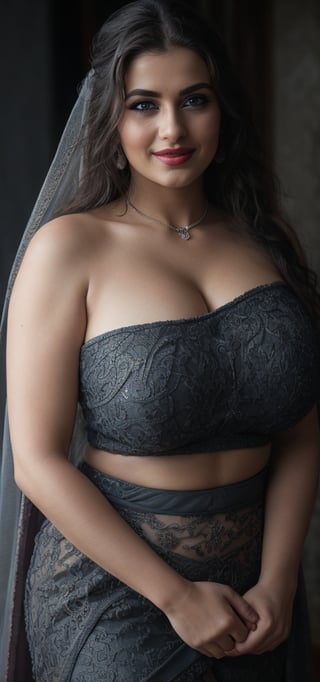 (masterpiece, best quality, ultra-detailed, 8K),high detail, realisitc detailed, a beautiful young mature arabic women curvy body with long flowy black hair over shoulders in the dark, wearing a full tight indian lacy net multi color saree fully see through dress in wedding palace tempting manner, blue eyes, pale soft skin, kind smile, glossy lips, a serene and contemplative mood, red lips,hd makeup,Indian,(blue eyes)(temptaation shy manner)