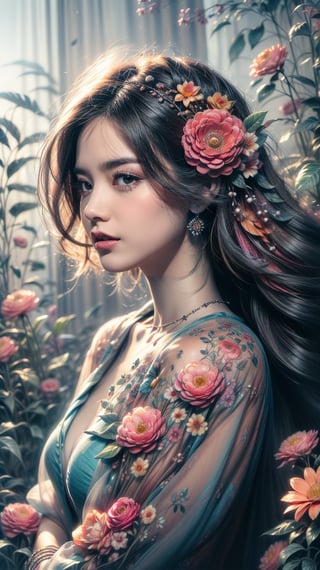 watercolor art, (watercolor painting: In this ethereal scenery, colorful flowers), Dreams and reality are intertwined. The air is filled with the intoxicating fragrance of flowers, Exquisite perfume symphony. Flowers seem to release the soul, Their essence blends with the fragrant breeze that caresses the skin.,portrait,ClrSkt