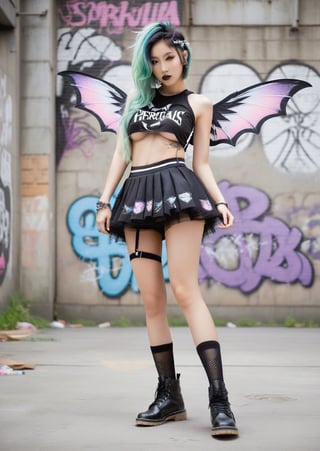 A stunning Asian girl, 20 years young, exudes ethereal charm in Fairy Grunge fashion. Framed by a gritty urban backdrop of Urban Graffiti-covered concrete walls, she poses with confidence. A tiny micro tutu miniskirt and sleeveless croptop showcase underboob, while floral baseball boots and torn black stockings add whimsy to the rebellious aesthetic. Messy, pastel multi-colored hair and makeup complete the look. Perforated skirt and baseball boots blend with goth-inspired person, as black dragon wings spread wide from her back. The ExStyle urban landscape converges with dark, mystical energy, where beauty and edginess harmonize.