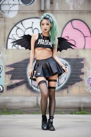 A stunning Asian girl, 20 years young, exudes ethereal charm in Fairy Grunge fashion. Framed by a gritty urban backdrop of Urban Graffiti-covered concrete walls, she poses with confidence. A tiny micro tutu miniskirt and sleeveless croptop showcase underboob, while floral baseball boots and torn black stockings add whimsy to the rebellious aesthetic. Messy, pastel multi-colored hair and makeup complete the look. Perforated skirt and baseball boots blend with goth-inspired person, as black dragon wings spread wide from her back. The ExStyle urban landscape converges with dark, mystical energy, where beauty and edginess harmonize.