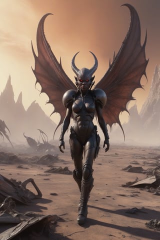 Photorealistic, highly detailed, survivor succubus with widespread wings walking on an alien planet, intimidating, destruction, dystopia, alien planet, fire, post-apocalyptic, fantasy, Giger, 

monster, detailmaster2