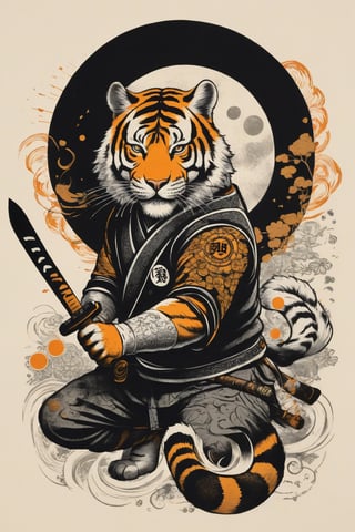 A beautifully drawn (((vintage t-shirt print))), featuring intricate ((retro-inspired typography)) encircling a (((sumi-e ink illustration))) depicting tiger, in a stance holding a katana,gleaming in the sunlight,  ying yang sybol behind the head, integrating elements of Japanese calligraphy  with black back ground
,MeganFox,Ukiyo-e