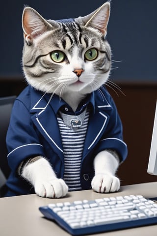 Cat programmer sitting at a computer with 3 screens displaying programming code, wearing youthful clothes, gray tabby cat with white paws and white nose, wearing a navy blue shirt, with a cunning look and in 3D