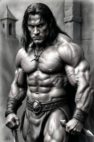 Conan the barbarian, charcoal sketch, anatomy , pencil_(artwork), pencil_art, pencil_art, rough_sketch, Pencil draw of a very detailed illustration of Conan the barbarian on paper,monochrome,charcoal drawing