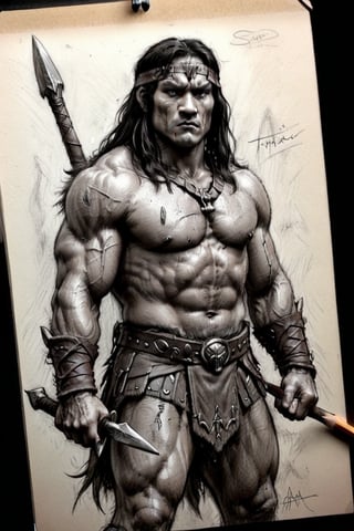 Conan the barbarian, charcoal sketch, anatomy , pencil_(artwork), pencil_art, pencil_art, rough_sketch, Pencil draw of a very detailed illustration of Conan the barbarian on paper,monochrome,charcoal drawing,pencil sketch