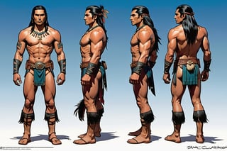(Character Sheet), Three-view drawing, (Side View, Front View, Back View, Three-Quarter View), Walking dynamic View, full body,1 male,Zahn McClarnon, He was slightly above middle height, very dark, average looking native ethnicity in mesoamerican era. He was naked but for a scanty silk clout that only partly covered his muscular hips, and a leather girdle, a hand’s breadth broad, about his lean waist. His long black hair hung in lankstrands about his shoulders, giving him a wild appearance. He was gaunt, but knots and cords of muscles stood out on his arms and legs, without that fleshy padding that presents a pleasing symmetry.,comic book