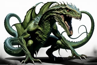 Character sheet, Eldritch Serpentine monster posed in a full-body shot from a side view, its broad reptilian head turned at an unnatural angle. The monstrous visage features down-curving fangs that protrude over the lower jaw, giving an eerie appearance. Despite its gruesome countenance, the creature's eyes appear glazed and lifeless. Its hideous form shifts in color depending on the vantage point, creating a disorienting effect.