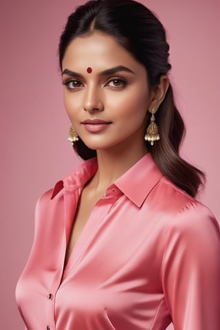 A captivating vertical portrait of a poised Indian woman in her 30s, dressed in a radiant sun-kissed pink shirt dress, exudes confidence and determination against a smooth, colorized background. Her Trendsetter wolf-cut brown hair softly frames her striking features, including her Deepika Padukone-esque charm. The CEO's soft smile and full lips hint at secrets, as her black eyes gleam with intensity, plotting the next move in the corporate world. The modern composition emphasizes her sharp jawline and chiseled features, rendered with hyper-realistic precision, showcasing every detail from hair highlights to dress folds.