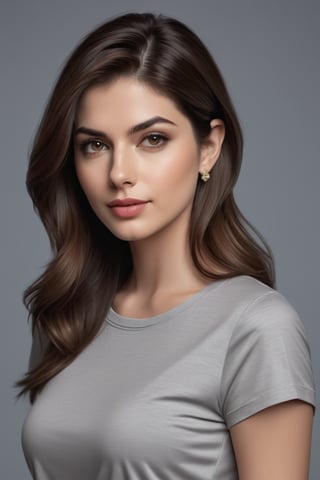 craft a hyper realistic vertical photo of Indian most attractive serious woman in her 20s in T-shirt Dresses, trending on artstation, portrait, digital art, modern, sleek, highly detailed, formal, serious, determined, CEO, colorized, smooth, charming, pretty, soft smile, soft lips, black eyes, Trendsetter wolf cut brown hair, anne hathway,