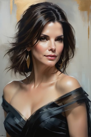In Jeremy Mann's oil painting masterclass, Sandra Bullock's portrait reigns supreme against a soft gradient backdrop, exuding regal presence. Her Trendsetter wolf cut hair cascades down her back like a waterfall, while the blouse and saree frame her 38C bust with elegance. Volumetric lighting highlights her gentle features, as heavy brushstrokes and layered shading create a textured, otherworldly atmosphere. The golden ratio guides the viewer's gaze to her determined eyes, radiating a fairy-like tone. Rich colors bring depth and dimensionality to this award-winning masterpiece.