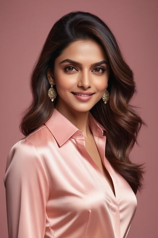 Here's a prompt for an SD image generation:

Create a stunning vertical portrait of a confident Indian woman in her 30s, dressed in a sun-kissed pink shirt dress, Trendsetter wolf-cut brown hair framing her face, Deepika Padukone-esque charm radiating from her smile and full lips hinting at secrets. Her black eyes gleam with intensity as she plots her next corporate move, CEO's sharp jawline and chiseled features prominent. Set against a smooth colorized background, emphasize the subject's details: subtle highlights on hair, delicate folds of dress, hyper-realistic precision rendering this breathtaking digital art piece.