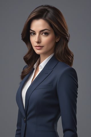 A stunning vertical portrait of a confident Indian woman in her 30s, with a striking Wolf Cut brown hairstyle and a keen sense of style. She stands formally dressed in a sleek blue business suit, reminiscent of Anne Hathaway's iconic looks.

Framed by a clean white background, the subject's determined gaze captures the viewer's attention, as if she's ready to take on the world. Her Trendsetter-inspired hair cascades down her back like a rich, dark waterfall, with subtle layering and texture that invites a closer look.

Her facial features are highly detailed, with defined cheekbones, a small nose ring, and a soft smile that hints at an inner strength. The formal setting and modern attire juxtapose the woman's relaxed yet powerful demeanor, as if she's just stepped out of a high-stakes meeting or into a boardroom.

The image is rendered in hyper-realistic digital art style, with impeccable attention to detail and subtle texture that makes the subject feel almost three-dimensional. Overall, this portrait exudes modern sophistication and an undeniable sense of confidence, making it a standout on ArtStation.