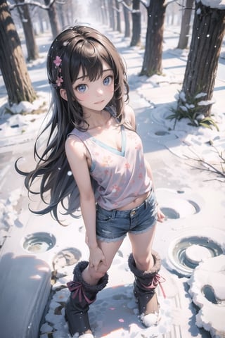 主：(foggy woods),((Full body image)),
人：1litte 1kid 7yo gril (Child:1.2),
體：Beautiful girly body proportions,smaller body frame,
髮：(long hair),
服：(((Low-cut collarless and sleeveless sweater with floral pattern))),(((Sheer sleeveless sweater))),(((deep V low neckline))),(very short denim hot pants),(((snow boots))),Ancient costume