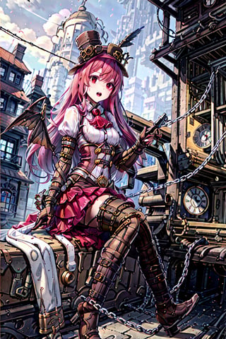 steampunk, 1girl, gears, top hat, bird, long hair, hat, sign, artificial eye, mechanical eye, mechanical arms, cross-laced footwear, boots, sitting, mechanical hands, fence, solo, mechanical legs, lace-up boots, skirt, red eyes, building, mini hat, looking at viewer, ascot, road sign, joints, single mechanical arm, eyepatch, shirt, outdoors, knee boots, city, open mouth, chain-link fence, mini top hat, puffy sleeves, clock, pink skirt