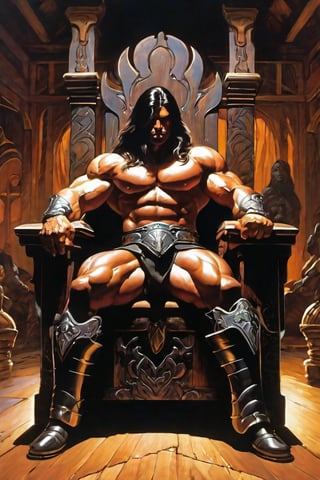 a close-up, of a muscular man with long hair, armor, sitting on a wooden throne, arms resting on lounge chairs, face of annoyance in a large living room, background of wooden living room, darkness, ray of light reminiscent of Frank Frazetta's finest work