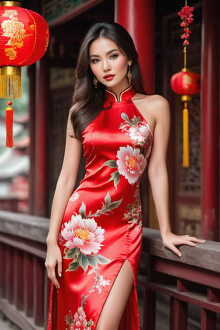 A captivating and enchanting 30 year old Eurasian beauty, with hazel eyes sparkling like precious gemstones and dark brown hair. wearing an oriental dress with mandarin collar, has a high side slit revealing her sexy silky skin long legs. silk dress is printed with red peony floral prints. background at a china town ambience. 