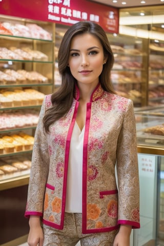 A captivating 30 year old caucasian mix Eurasian beauty, with hazel eyes sparkling like precious gemstones and dark brown hair. wearing a printed mandarin collar jacket. standing in a bakery shop in Hong Kong. full body frontal view, a day in Hong Kong shopping mall.