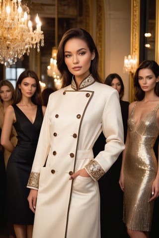 A captivating 30 year old eurasian beauty, her hazel eyes sparkling like precious gemstones with dark brown hair amidst the elegant ambiance of the Parisian pre-a-porter fashion event. She stands confidently together with some models posing for a magazine cover phtography. She wears her mandarin designers chef coat design. a full frontal view.