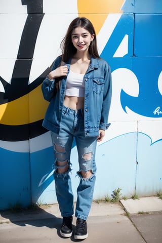 A beautiful girl, soft dark blonde long hair, A confident Japanese fashionista stands boldly against a multi colourful Graffiti background in america (street style graffiti). soft dark blonde hair cascading down her shoulder like a waterfall. She wears a denim jacket and baggy jeans, with large cargo pockets and straps on jeans, Her radiant smile beams under warm lighting, accentuating finely detailed eyes that sparkle with excitement. The full body view.