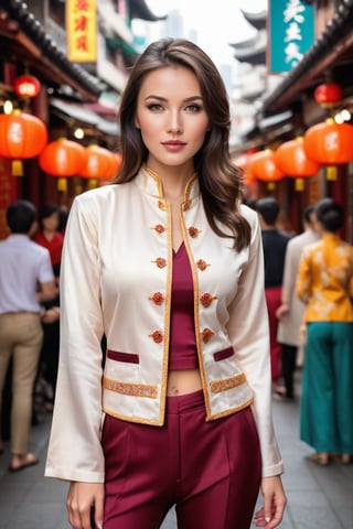A captivating 30 year old caucasian mix Eurasian beauty, with hazel eyes sparkling like precious gemstones and dark brown hair. wearing a modern mandarin collar kung fu jacket and pants. made from cotton fabric, full body frontal view with perfect fingers. background at temple street Hong Kong background with retail stalls and padestrains.
