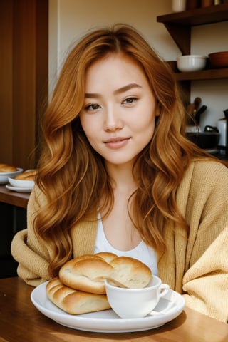 Golden morning light softly illuminates the Eurasian woman's face, highlighting her flawless complexion and fiery ginger locks. Her expressive eyes gleam with mischief as she showcases freshly baked breads on a rustic breakfast table, her modern chef jacket accentuating her toned physique. The shallow depth of field isolates her features, drawing the viewer into this intimate morning scene.