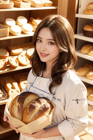 beautiful chef,dark blonde hair, she is wearing beautiful chef coat, and holding some breads,she in a bakery, happy smile,face lighting,Best Quality, 32k, photorealistic, ultra-detailed, finely detailed, high resolution, perfect dynamic composition, beautiful detailed eyes, sharp-focus, cowboy shot,top view,