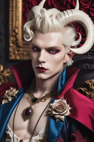 (masterful), albino demon  Prince,Male,(long intricate horns:1.2), is dressed in a captivating blend of Baroque and punk fashion styles,Roses in one's bosom,Her attire features ornate Baroque-inspired garments with intricate lace, ruffles, and embellishments, reminiscent of royalty from the Baroque era. However, the traditional elements are juxtaposed with edgy punk accents, such as leather straps, spikes, and chains, adding a rebellious and modern twist to her ensemble. The color palette includes rich jewel tones and metallic hues, enhancing the opulent yet rebellious aesthetic. ,dal