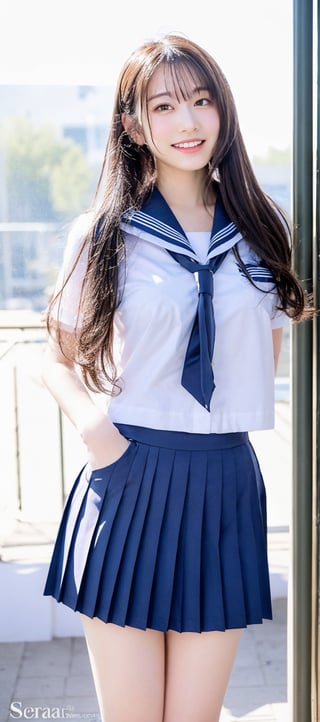 high school student,18 yo, sole_female, (very long hair:1.3), (blunt bang), (school_uniform), standing, (nice body), long legs, vibrant color, natural lighting, Best Quality, 32k, masterpiece, photorealistic, ultra-detailed, finely detailed, high resolution, beautiful detailed eyes, (fullbody_shot), smile, front pose, Bomi,Nice legs and hot body, serafuku