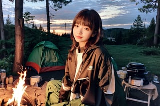 (Masterpiece, best quality, photorealistic, high resolution, 8K raw photo), whole body, 1 girl, solo, beautiful young girl, 18yo, long hair, (brown hair hair, bangs:1.3), camping night, 1girl solo sitting on a log, look at the camping fire, there’s a campfire nearby, she is roasting marshmallow with a stick, nighttime, dim and calming atmosphere, lush green woods, wearing camping clothes with jacket and scarf,More Detail,cyber_room,No fire in camping tent