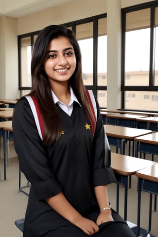 Pakistani girl 20 year old, innocent face, smile on face, black hair, black eyes sitting in school wearing University Uniform