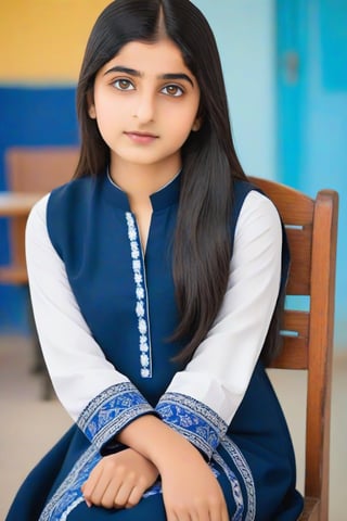 Beautiful Pakistani Girl 18 Years Old , Black Hair , Black Ayes, Sindhi Ajrak Weaning School Uniform Blue Kameez White Shalwar ,sitting Chair School Blurry Background,