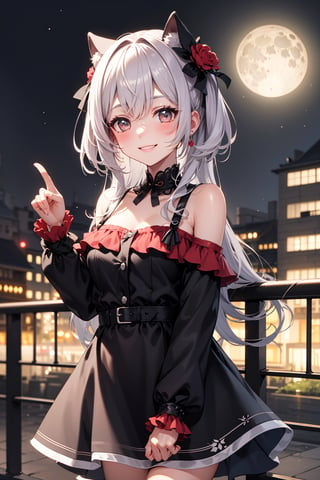 smiling in a park, red and black dress, at night, full moon, looking shy, blushing,